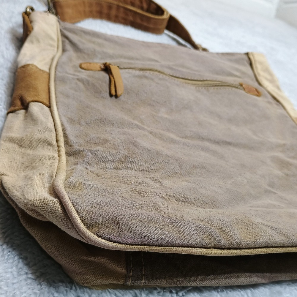Myra Bag Crossbody Bag Womens Medium Tan Brown Upcycled Canvas Leather Rustic - Picture 3 of 9